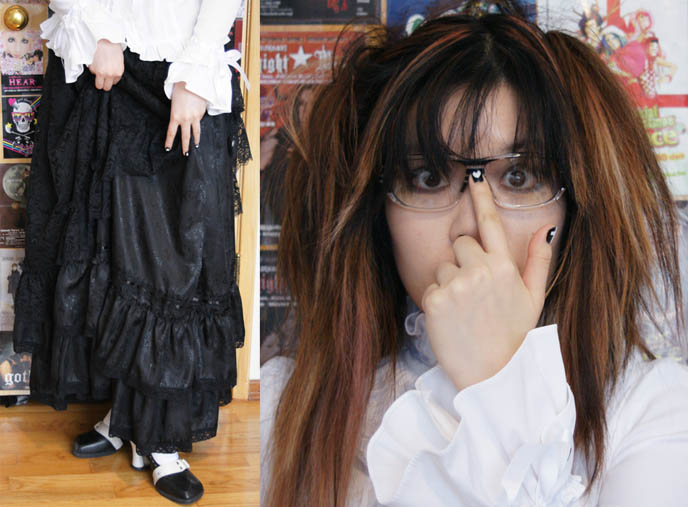 Nerdy hipster glasses, heavy dark frames on young girl. Long Victorian or Edwardian skirt, Elegant Goth Lolita Aristocrat EGL style from Tokyo Japan.