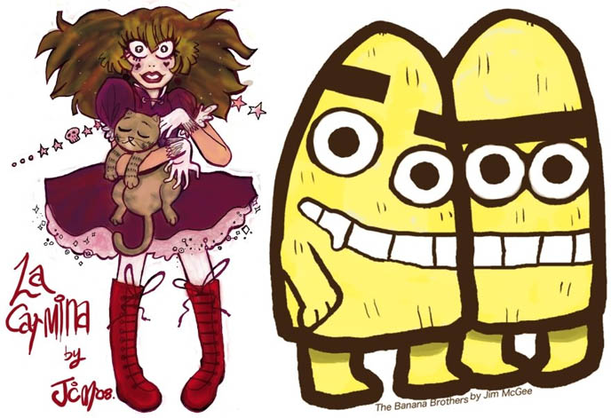 Drawing of Gothic Lolita girl, illustration of La Carmina. Japanese anime cute girl with cat. Jim McGee art, banana brothers.