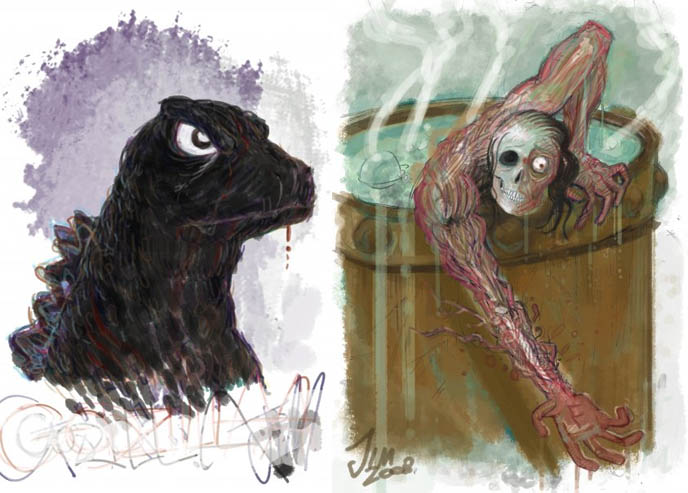 Frankenstein and Godzilla drawings. Old monster movies poster art. Cool illustrations, film horror classics.