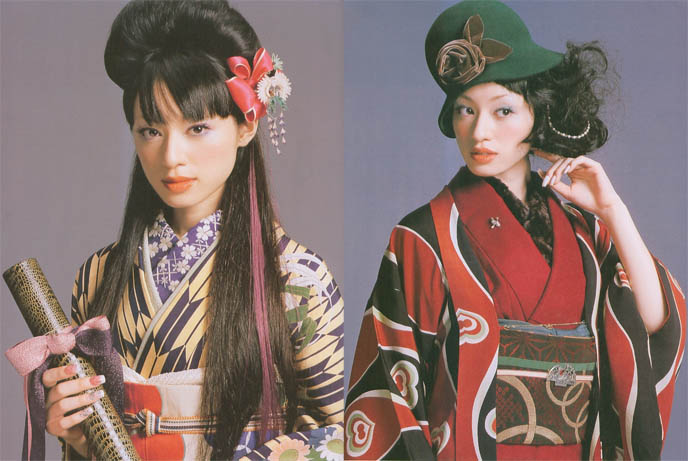 Kimono fashion, geisha makeup and hair on pretty Japanese girls. Wa Lolita, 1920s flapper hat and old Japanese movie costumes