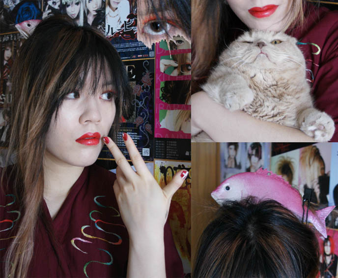 Japanese nail art and fake eyelashes. Geisha Japanese girl makeup, red eyelashes and bright red lipstick on cute Asian girl. Fake plastic fish on head