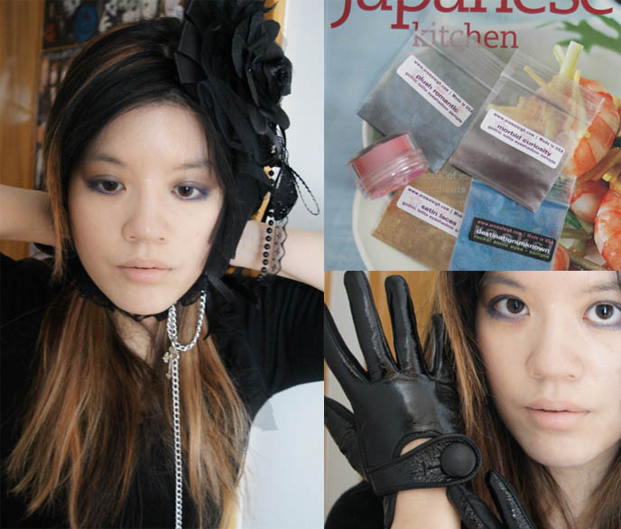 The Japanese Kitchen by Kimiko Barber cookbook. Goth lace choker and jewelry, Gothic Lolita girl wearing makeup and black leather gloves.