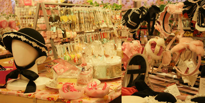 gothic lolita hats, Victorian lady top hats. Edwardian costumes, 19th and 18th century hats, millinery and bonnets. Closet Child Harajuku secondhand or vintage store in Japan.