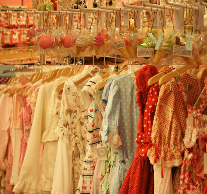 Japanese vintage dresses, Tokyo street style, secondhand clothes shopping in Japan. Sweet and gothic lolita one pieces, jumpers at Closet Child Harajuku