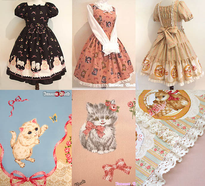 gothic lolita prints, dresses. Innocent World cute Sweet Lolita skirts and clothing from Japan. Cat and bunnies cute fabric prints.