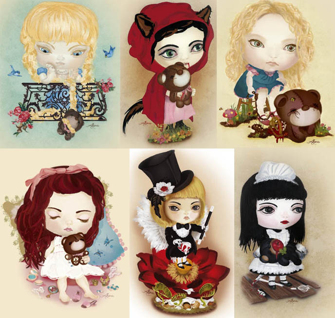 Fairytale and storybook villians, little red riding hood, lilliput, Snow White, Rapunzel. Lang Leav art, Goth spooky haunted paintings.