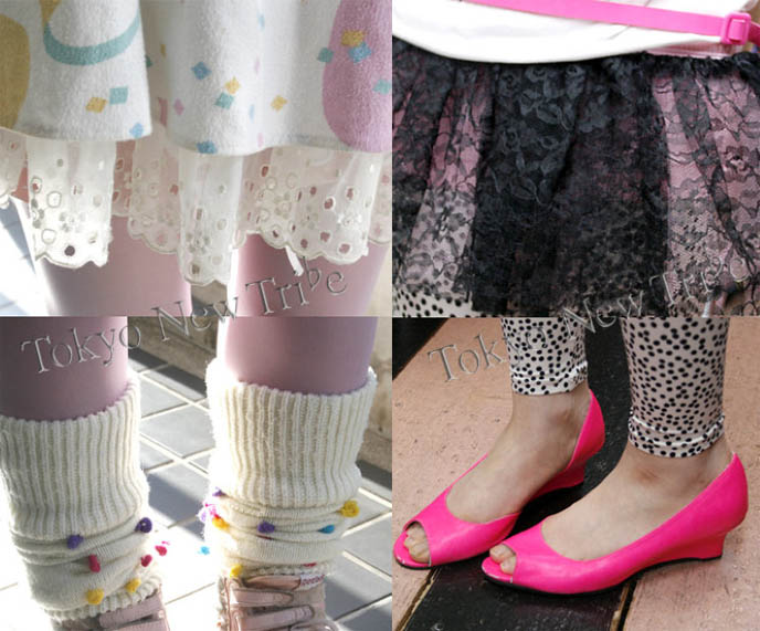 Polka dot socks, hot pink wedge shoes, cute dot leggings from Tokyo Japan. Harajuku girls crazy fashion.