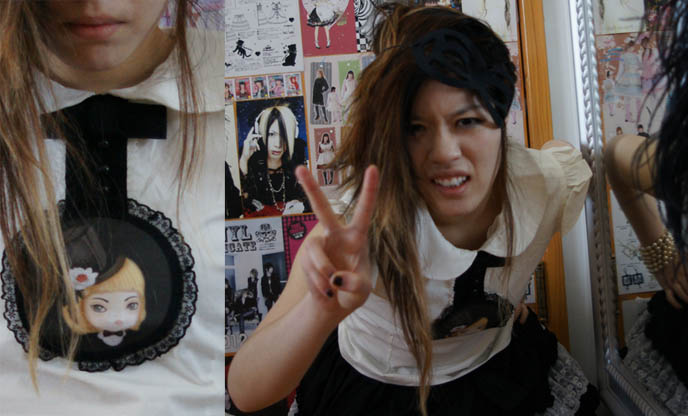 Japanese V-fingers sign, pose with V victory hand signal. Asian and Japan girl posing for photos, kawaii clothing.