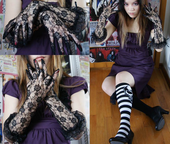 Long black lace gloves. Flower print retro vintage fashion gloves, accessories. Black and white striped knee high socks, Goth emo Asian girl.