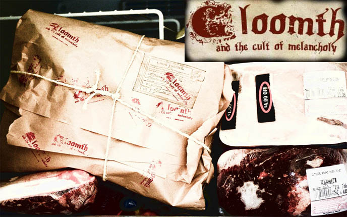 Butcher shop meat package, twine and brown paper over bloody beef or pork.