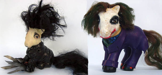 Scary My Little Pony toys, My Little Nightmare goth spooky dolls. Jack Sparrow, Edward Scissorhands, Dark Knight joker makeup. Halloween horror toys by Mari Kasurinen.
