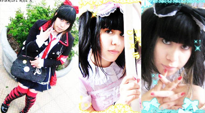Lolita model from Peru, pretty Gothic Lolita outfit, Japanese knee socks, girl with long bangs and black hair.