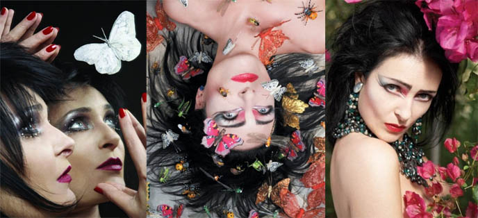 Siouxsie Sioux photos, Goth spiky hair and butterflies accessories. Creatures and Banshees singer, Siouxsie eyeshadow makeup.
