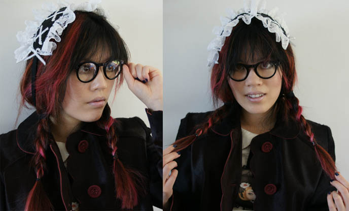 Round Woody Allen glasses, retro Victorian eyeglasses, eyewear. Gothic Lolita headdress with lace and ruffles, pink hair in braids.