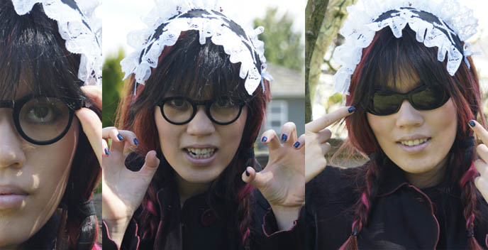 Two braids, Wednesday Addams hair on Japanese Goth girl. Cute glasses and sunglasses from Faoflex, Italy, Dandy's collection.