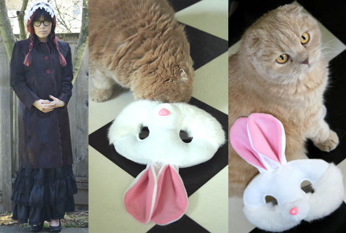 Anya Hindmarch long ladie's designer coat, London. Cute cat with bunny mask, Easter lolcat kitty. Long retro vintage Victorian coat, Goth Japanese jacket.