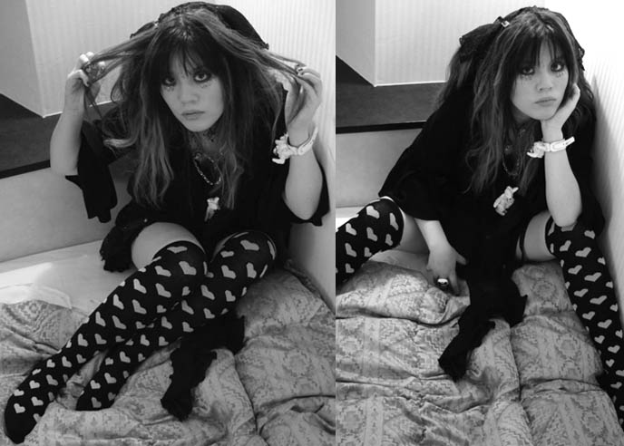 Over the knee Japanese socks, cute trendy Japanese knee high kneesocks, heart print knit stockings, Goth girl.
