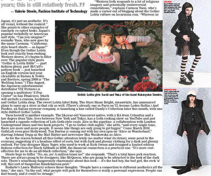 Women's Wear Daily article, WWD Gothic Lolita magazine, La Carmina and Kokusyoku Sumire, fashion shoot with Goth models, hair, Sass and Bide candy dresses.