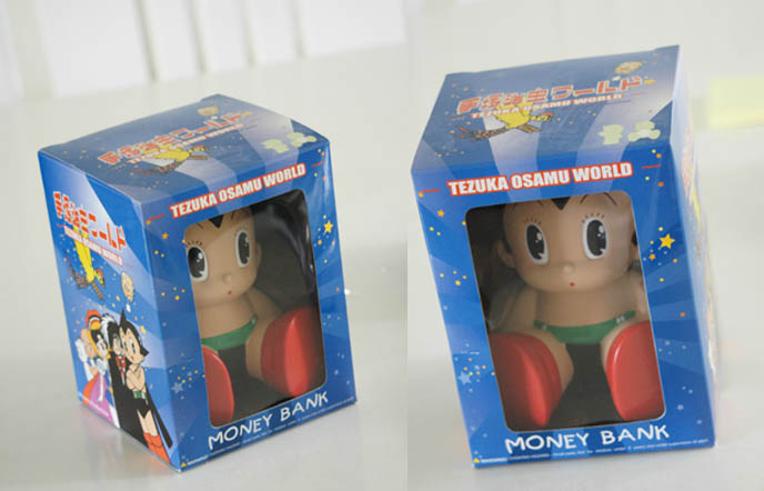 Astroboy money bank, piggybank, Tezuka Osamu anime character Astro Boy, kawaii cartoon figurine from Japan.