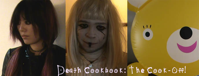 Inflatable blow up toy, bear animal blowup, funny cooking show video. Death Cookbook goth cooking show with hungry ghost, La Carmina, Japanese food and recipes demo videos