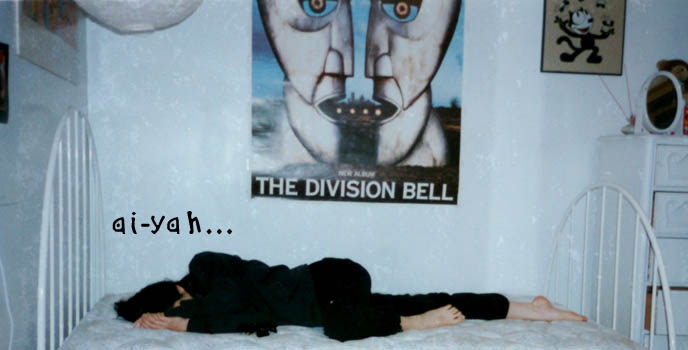 Pink Floyd division bell subway poster, cd art Pink Floyd UK band, girl lying on mattress, teenage girl's bedroom