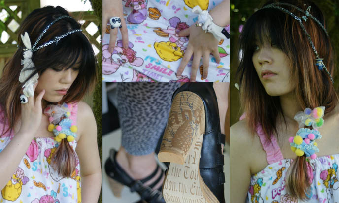 london underground shoes, goth punk fashion designer footwear, strappy black shoes with decorated heel, kawaii cute panda bear ring, fairy kei Tokyo Harajuku girls cute fashion style.