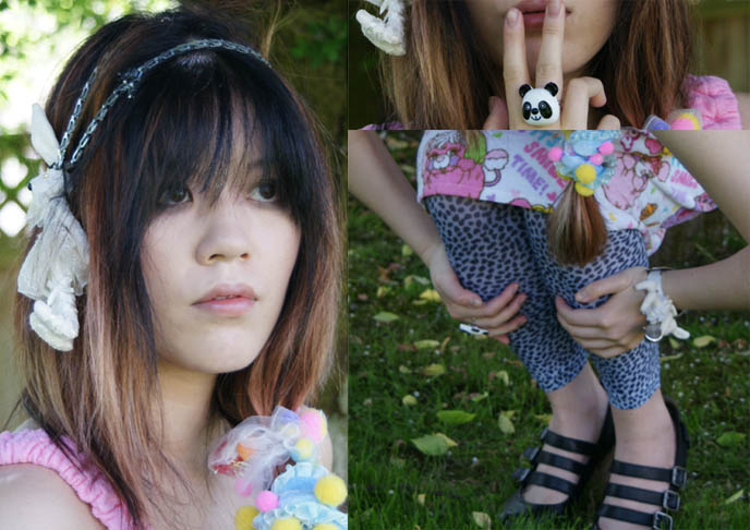 pastel hippie clothes, Popples it's smile time 1980s retro nostalgia kitsch, adorable ball scrunchies, leopard print leggings or tights, London Underground goth three strap buckle shoes. Putumayo white rabbit from Alice in Wonderland.