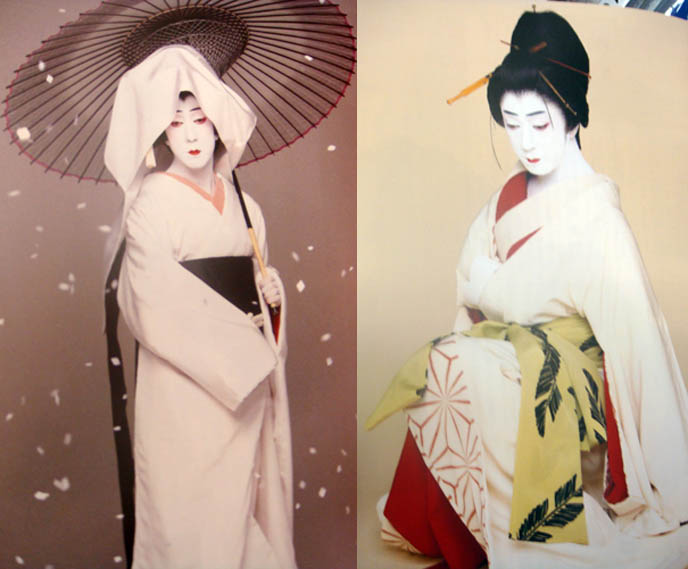 Crossdressing Japanese, man wearing geisha costume or outfit, Tokyo kabuki plays, Japanese theater, onnagata female impersonator on stage plays, Bando Tamasaburo. Transsexual makeup and kimono.