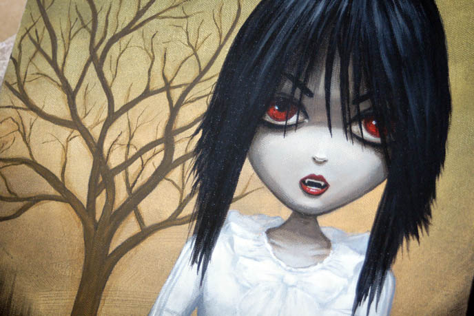 Dienzo painting of La Carmina Gothic Lolita, Hyaena gallery burbank exhibit of vampire art, bloody dripping fingers on cute pretty Goth girl.