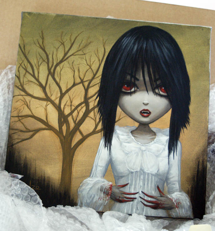 Dienzo painting of La Carmina Gothic Lolita, Hyaena gallery burbank exhibit of vampire art, bloody dripping fingers on cute pretty Goth girl, Los Angeles clubs.
