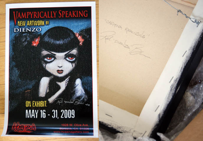 Rick Blanco signature, Dienzo painting of La Carmina Gothic Lolita with autograph. Hyaena gallery burbank exhibit of vampire art, bloody dripping fingers on cute pretty Goth girl.