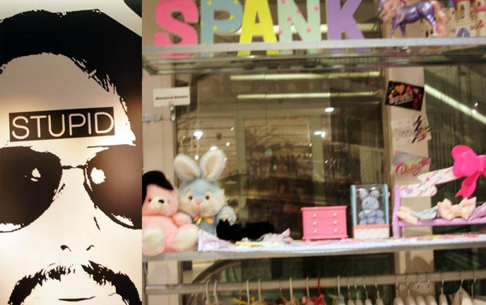 Spank World fairy kei shop, Harajuku Girls, 1980s pastel colors Care Bears vintage toys. Marui One department store in Shinjuku, Tokyo, Japan. Bright neon signs, lights at night, city life, nighttime photography scene of Shinjuku. Cute kawaii clothing store and shopping.