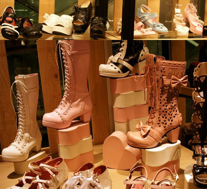 Crazy Japanese shoes, women's pink boots. Cut-out hearts in Sweet and Gothic Lolita boots, Leche by Yosuke, cute pretty Lolita Japanese shoes and boots, kawaii footwear, designer fashion in Shinjuku young women's department store, shopping center Marui One 0101 Japan.