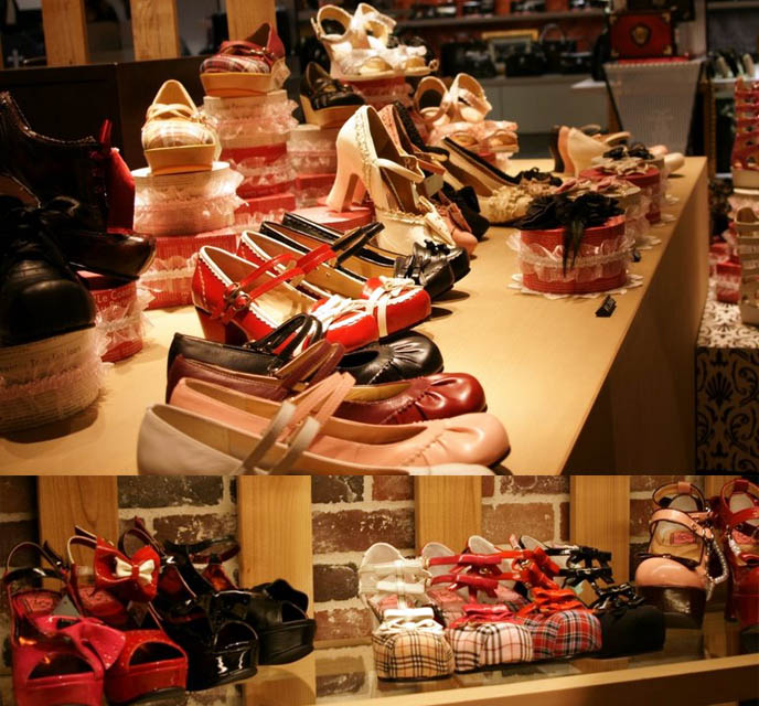 Pretty red and white lace shoes, little girl shoes, mary janes with ballet straps, plaid punk shoes. Sweet and Gothic Lolita footwear Leche by Yosuke, cute pretty Lolita Japanese shoes and boots, kawaii footwear, designer fashion in Shinjuku young women's department store, shopping center Marui One 0101.