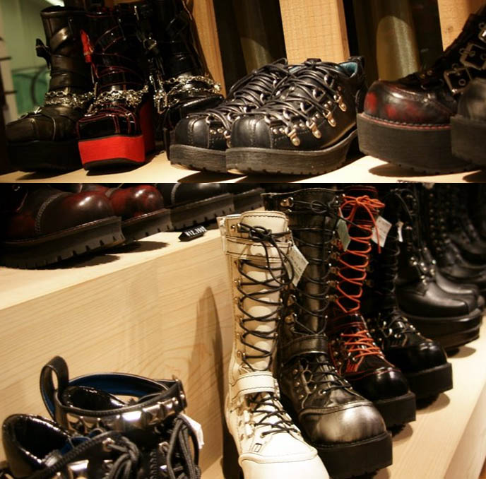 Japanese Doc Martens, special edition leather boots, Goth Doctor Martens, men's platform shoes, alternative footwear, studs, army punk leather stompers with red laces. KISS band 70s glam boots.