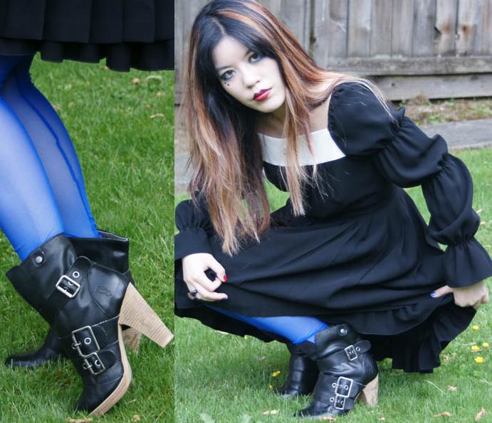 Marilyn Manson and La Carmina contest, blue makeup, white gothic rock star eyeshadow, Moi-meme-moitie Gothic Lolita dress with crucifix, neo Victorian fashion. electric blue tights, London Underground black leather ankle boots with big buckles.