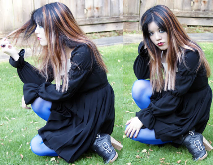 Marilyn Manson and La Carmina contest, blue makeup, white gothic rock star eyeshadow, Moi-meme-moitie Gothic Lolita dress with crucifix, neo Victorian fashion. electric blue tights, London Underground black leather ankle boots with big buckles.
