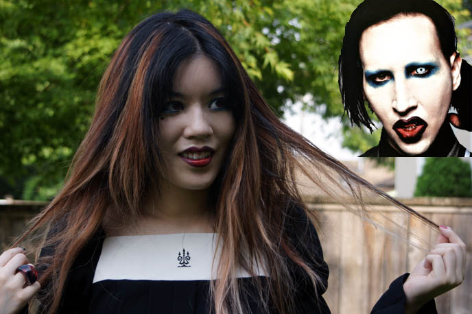 Marilyn Manson High end of Low new CD, Lewis Carroll visions phantasmagoria movie with Goth Alice in Wonderland, La Carmina Gothic Japanese girl, blue makeup, white gothic rock star eyeshadow, Moi-meme-moitie Gothic Lolita dress with crucifix, neo Victorian fashion. Mechanical animals