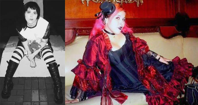 Goth girl with dark purple lipstick, bordello outfit, striped socks Goth emo store, Panama Gothic Lolita, alternative Japanese street fsahion.