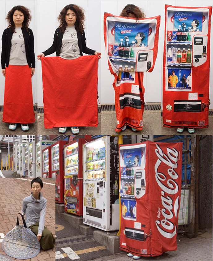 Japanese vending machine and pothole manhole disguise, silly weird useless Japanese inventions, funny photos Tokyo clothing, art projects