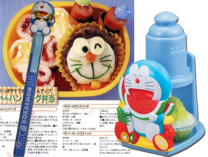 Doraemon cat watermelon ice maker, blue Japanese kawaii cat character, Doraemon pen with cute kitty face, charaben cute cooking bento box decorated like smiling cat