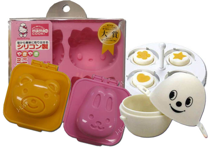 Cute bento egg shapers and molds, adorable character faces, egg holders for kid's school lunch box, accessories and fun kawaii bento equipment, Cute Yummy Time recipe book by La carmina. how to make shaped eggs, Japanese cooking trend