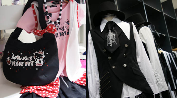 Hello Kitty and Peace Now bag with red bow, polka dot t-shirt, boutique in 0110 Marui One Shinjuku, Elegant Gothic Lolita and Goth Aristocrat, kodona, boystyle J-rock clothes. Designer fashion, puff petticoats, bell shaped skirts, lace tops. Where to buy Japanese women's clothing, cute stores in Tokyo Japan, shopping map. Fruits Harajuku style.