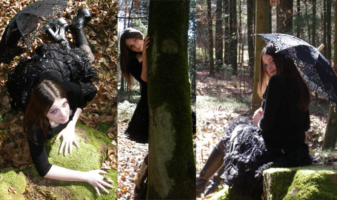 Gothic Lolita girl with black lace parasol, kurololi, gosurori, Gothic Lolita Bible photoshoot, Lolitas in park meet-up, picnic, tea party photos.