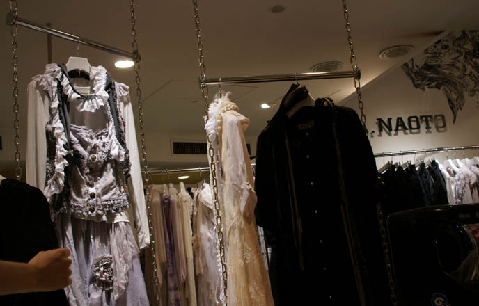Gramm collection, Gothic Lolita dresses, deconstructed faded asymmetrical lace pastel clothing, designer garments from Japan, Rococo skirts, avantgarde clothes from Tokyo, MaruiOne shopping complex or department store.