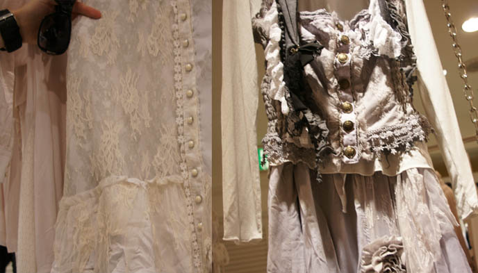 ロリータ・ファッション Gramm collection, Gothic Lolita dresses, pearl buttons and long lace tops, deconstructed faded asymmetrical lace pastel clothing, designer garments from Japan, Rococo skirts, avantgarde clothes from Tokyo, MaruiOne shopping complex or department store.