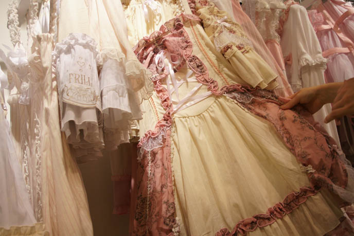 Lolita patterns and fabrics, Gothic Lolita sewing guides, mooks, Rococo costumes, Marie Antoinette long dresses, robes, pastel dress. h.NAOTO shop interior in Marui One, where to buy young Lolita cute clothes for girls, children clothes on rack