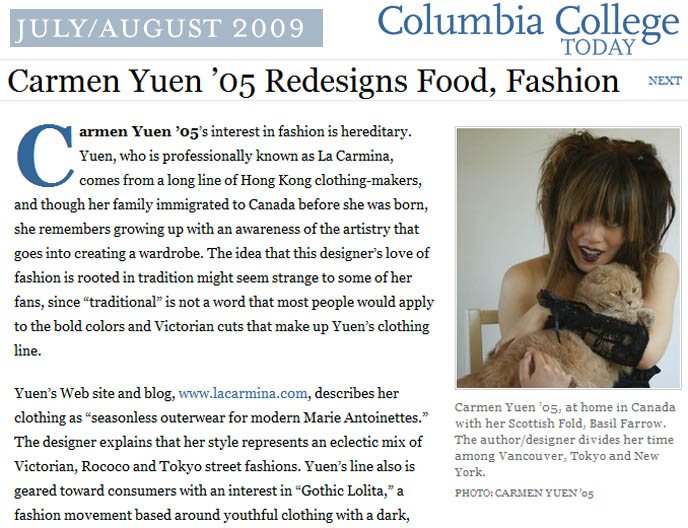 Columbia College Today alumni magazine of Columbia University in New York NYC. Profile of successful graduates, Ivy league magazine with news of grads. La Carmina, Carmen Yuen 05, young author, designer, problogger, young cooking show host.
