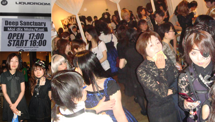 How to get tickets for J-rock visual kei lives, concerts in Tokyo Japan. Crowd, fans, cosplayers, gothic lolitas and moi meme moitie dresses girls, teen Japanese girls at Moi dix Mois and Kozi Deep Sanctuary tour, July 2009 Visual Kei concert at Ebisu Liquidroom. mana sama of Malice Mizer, Dix Inferno, how to buy J-rock show ticket.