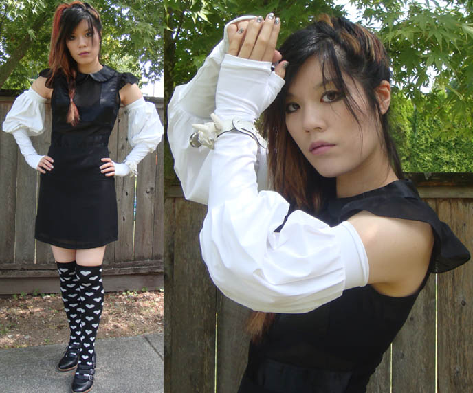 Long opera gloves, coolest gloves, puffed sleeve long gloves, fingerless goth gloves, evening gloves from Gloved Up, indie designer fashion from UK, over the knee Japanese socks.